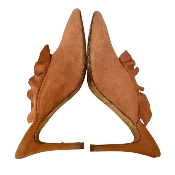 Loeffler Randall Langley Dusty Rose Kid Suede Leather Ruffle Mule Heels - Picture 4 of 10